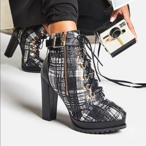 Black and white plaid heel booties.